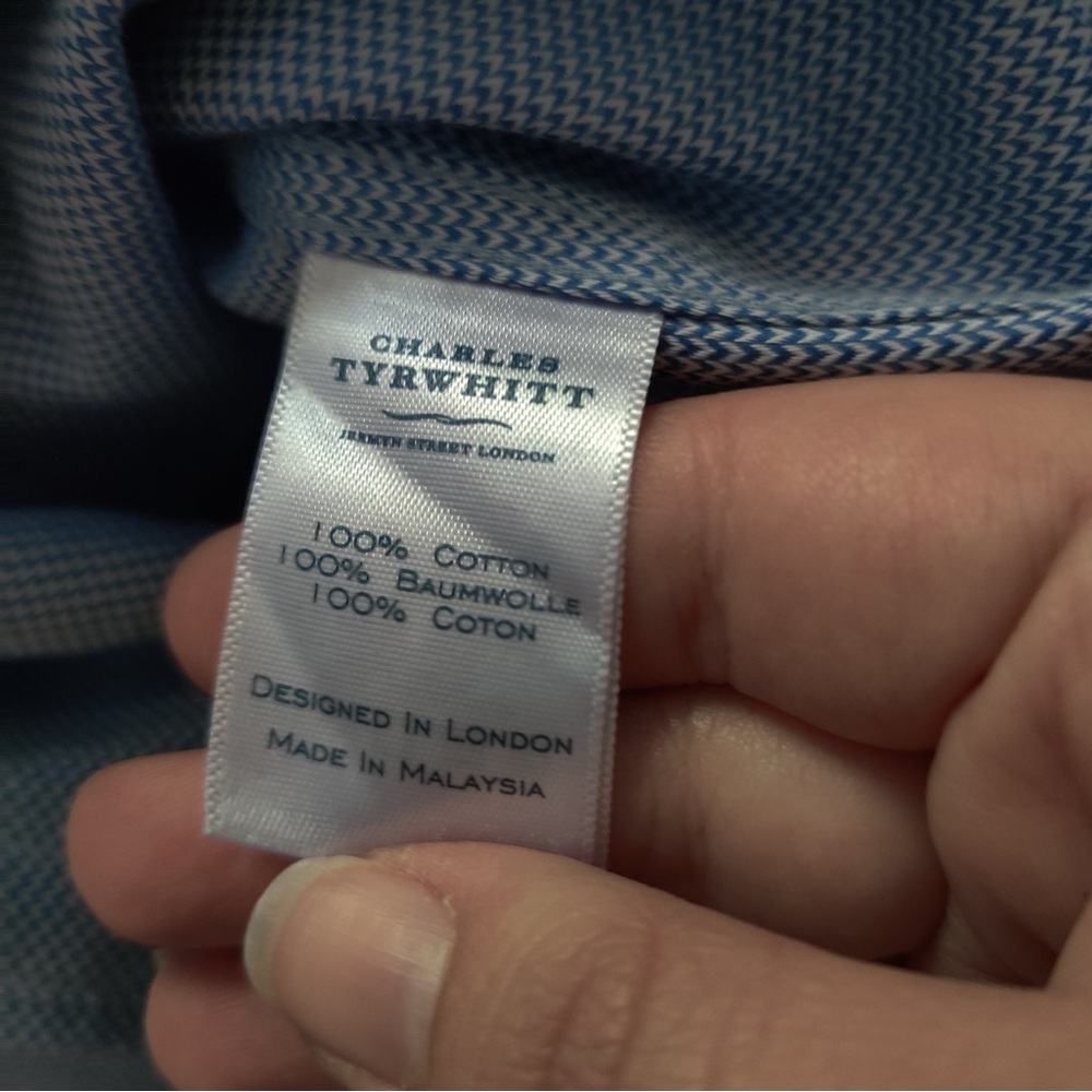 Charles Tyrwhitt Dress Shirt 15.5 37 Extra Slim Fit Non Iron Blue Herringbone - Picture 4 of 8